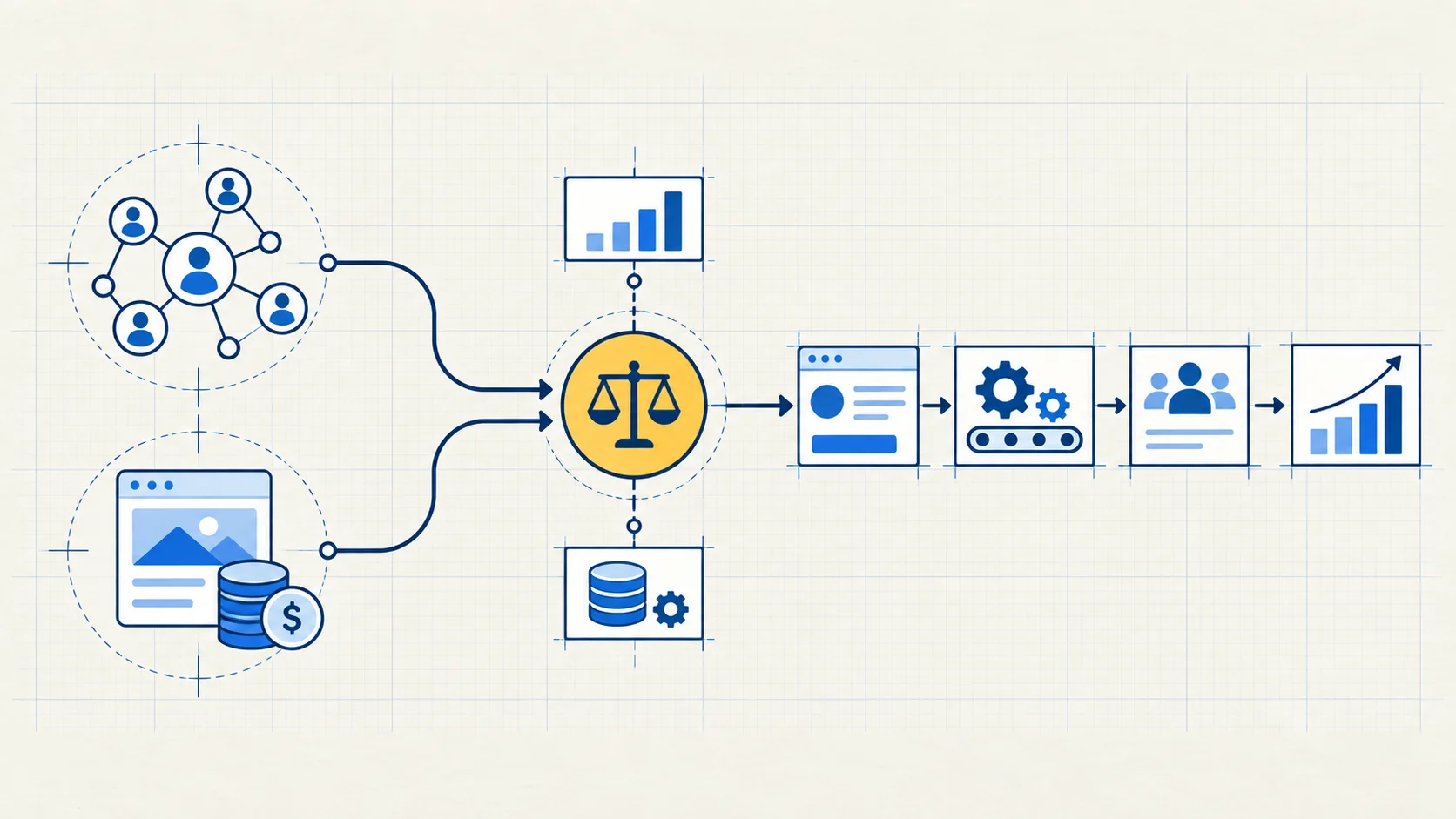 Referral leads and paid ads enter the same lead system after a simple decision check.